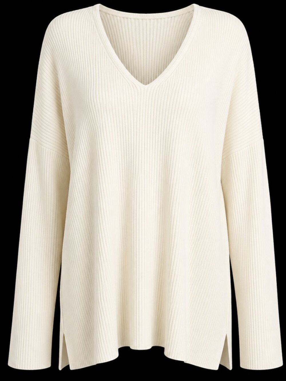 Size 3X Women’s Ivory Ribbed V-Neck Long Sleeve Relaxed Tunic Sweater Side Slits
